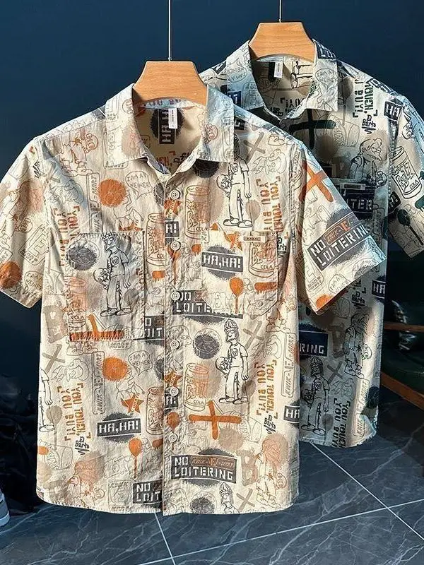 新しいグラフィティプリント半袖メンズシャツファッショナブルな和風カジュアル芸術的な襟ピン多用途夏のビジネスウェア