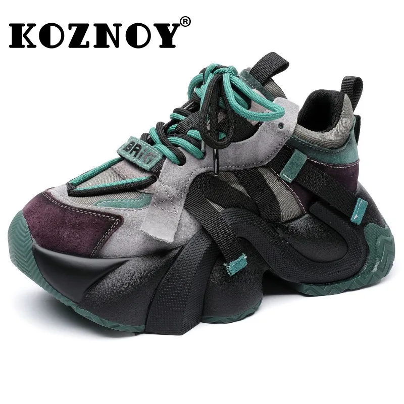 

Koznoy 7cm New Cow Genuine Leather Women Autumn Thick Soled Spring Ladies Chunky Sneakers Platform Wedge Fashion Vulcanize Shoes