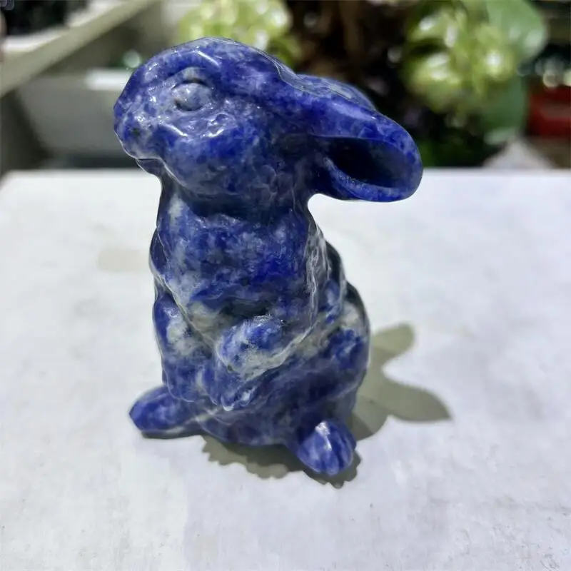 

9 см натуральный синий содалит кролик резьба ремесло животное подарок ремесла фэн-шуй украшения дома каменные статуи 1 шт.