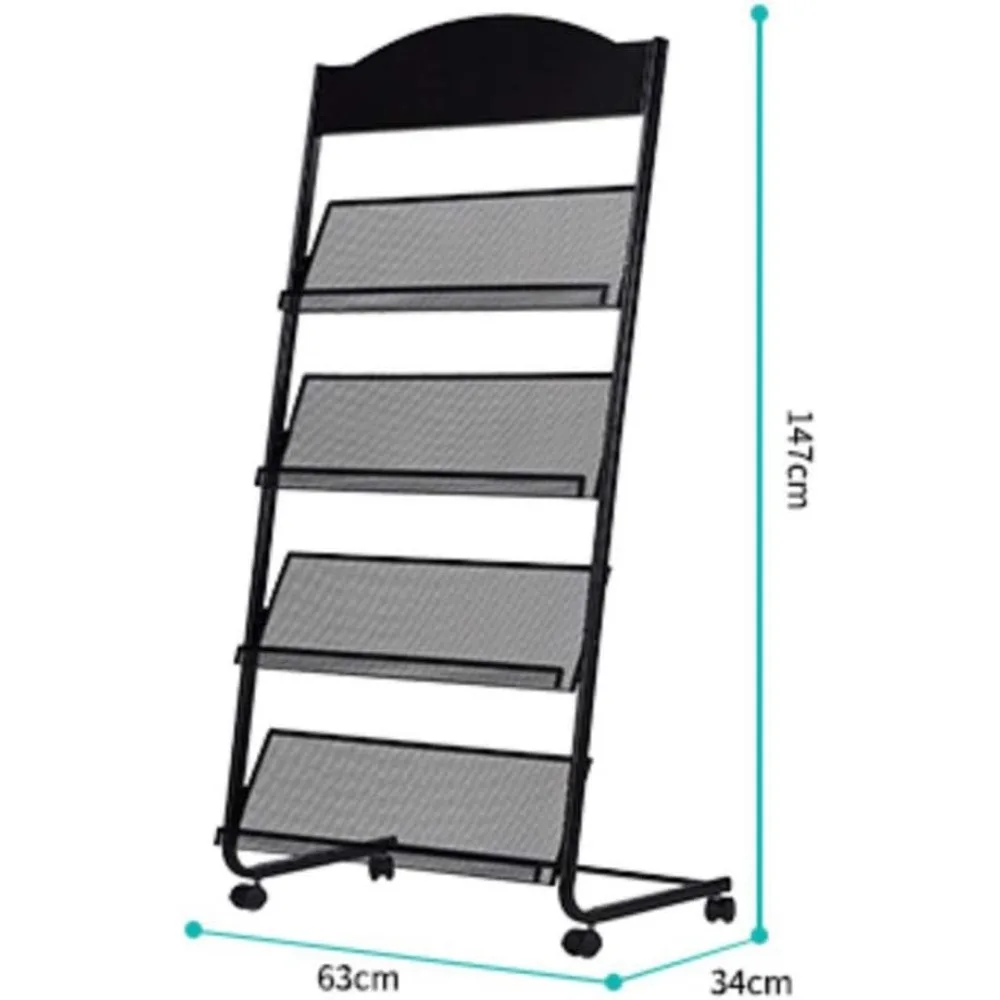 Magazine Rack, 4 Large Shelves-each Shelf Is Large Enough To Display A4 Manuals Side By Side, Flexible and High-quality Casters