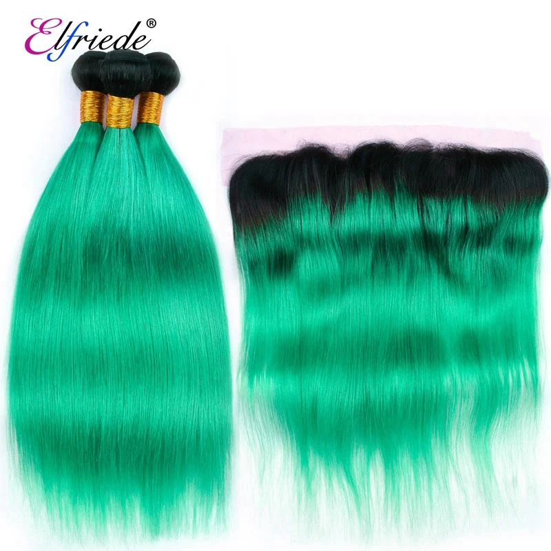 

Elfriede 1B/Light Green Straight Ombre Colored Hair Bundles with Frontal 100% Human Hair Weaves 3 Bundles with Lace Frontal 13x4