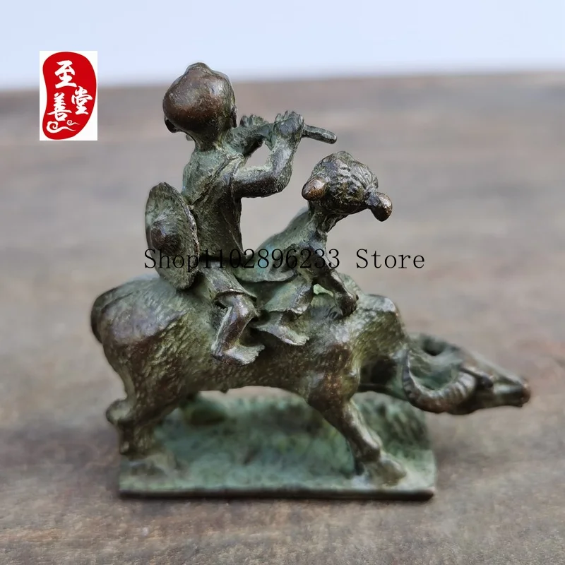 Antique collectible, old patina, antique-style alloy copper living room decoration, a shepherd boy riding a cow5.5*2*5.5CM