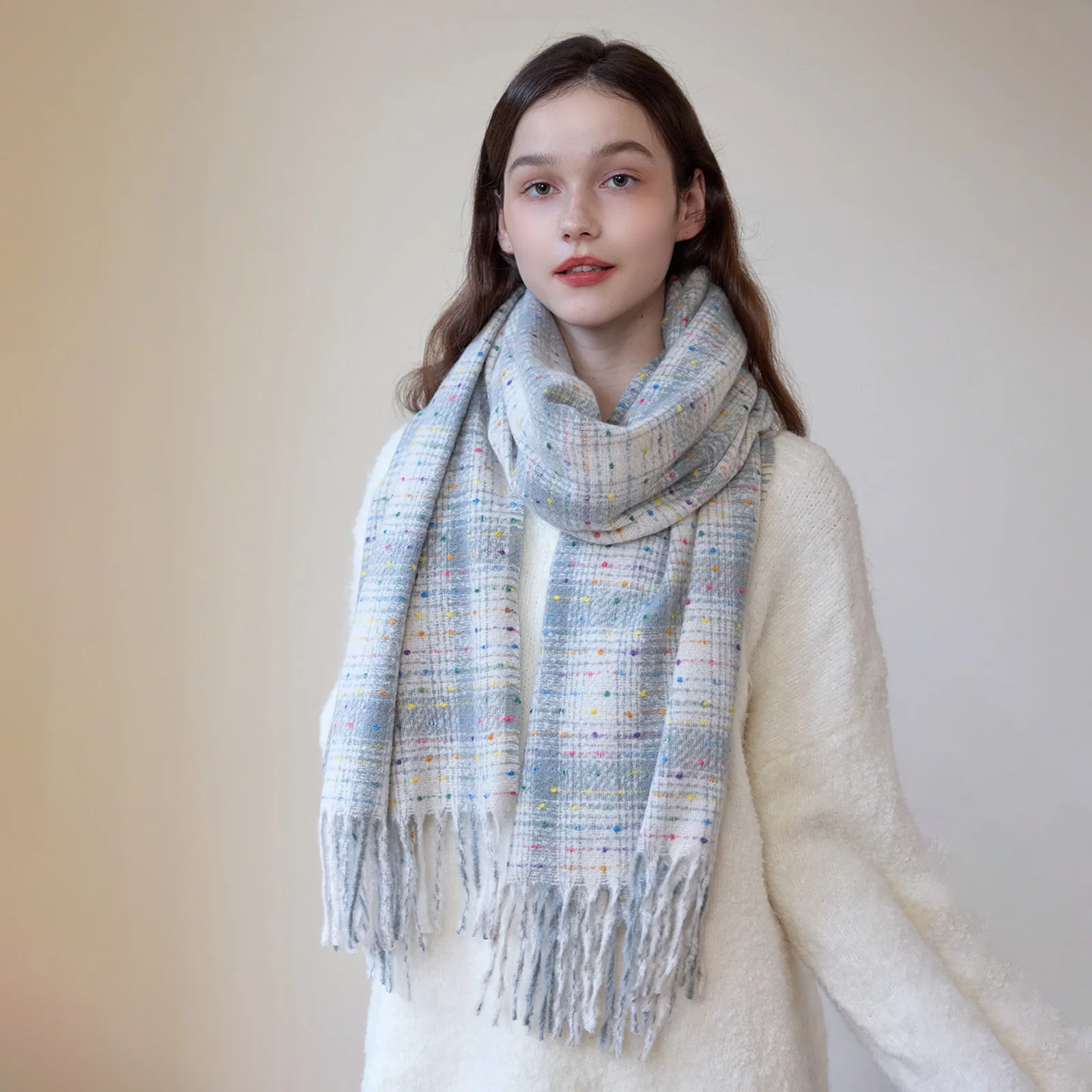 Star River Colored Retro Imitation Cashmere Plaid Scarf Female Winter White Soft Waxy Warm Couple Shawl 206*64cm