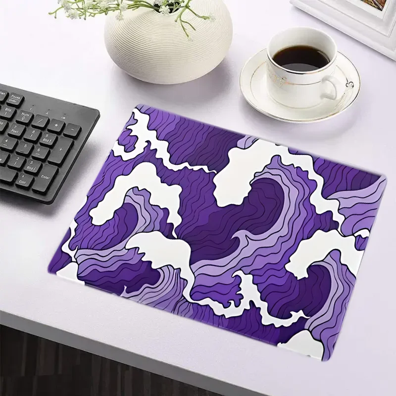 Purple and white ocean print gaming mouse pad, rubber sewn side long keyboard gaming pad Office mat large desk