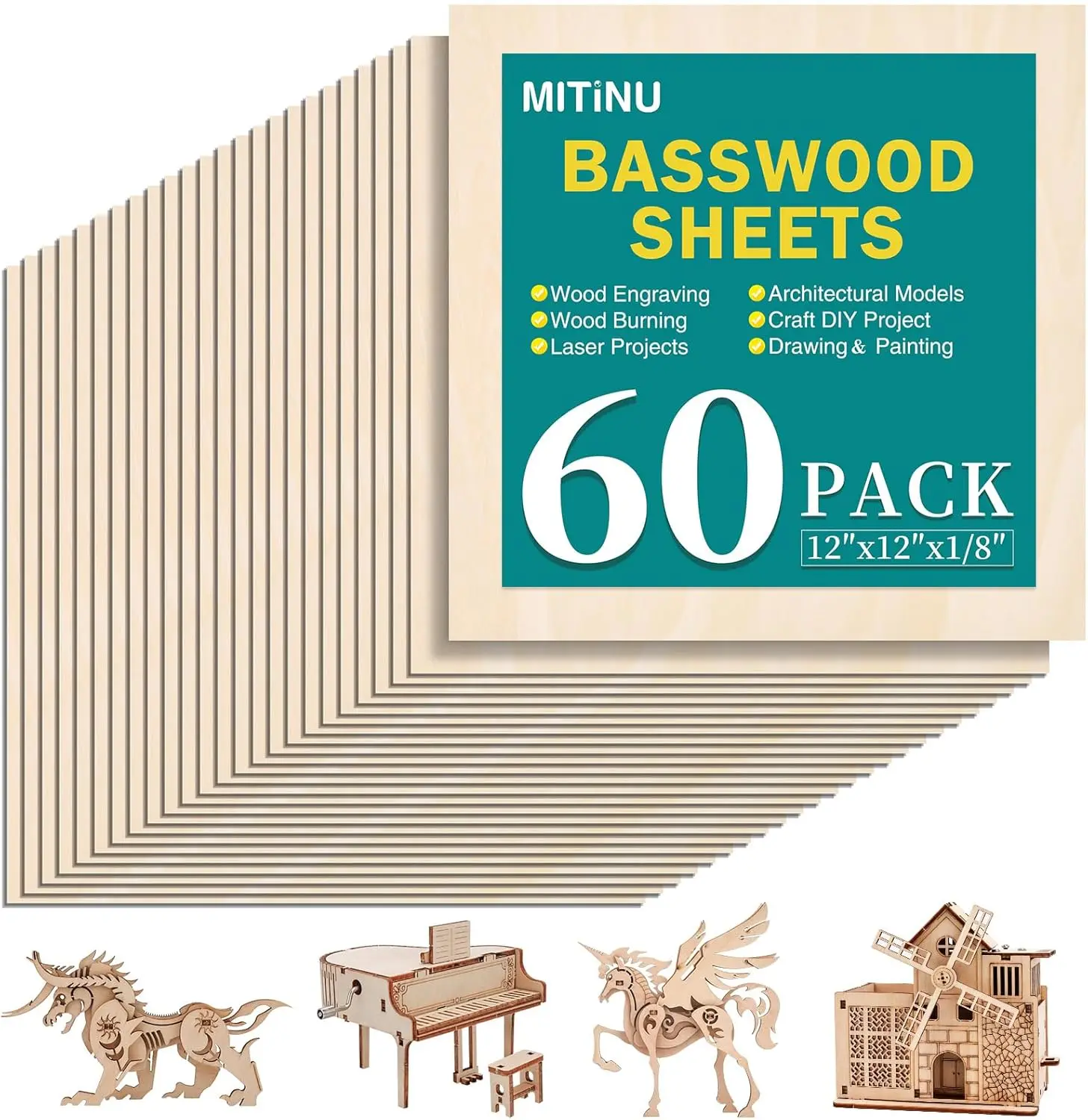 

60 Pack Basswood Sheets for Crafts,12'x12'x1/8' 3mm Thick Plywood Sheets with Smooth Surfaces