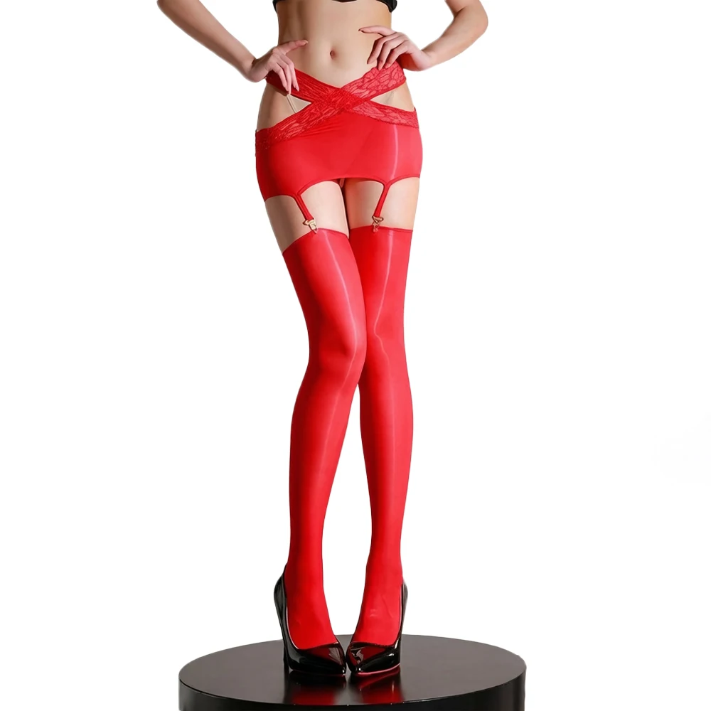 Women 2 In 1 5D Detachable Pantyhose Oil Shiny Stocking Bandage Cross Stripe Tights Hollow Out Shapping Garters Stockings
