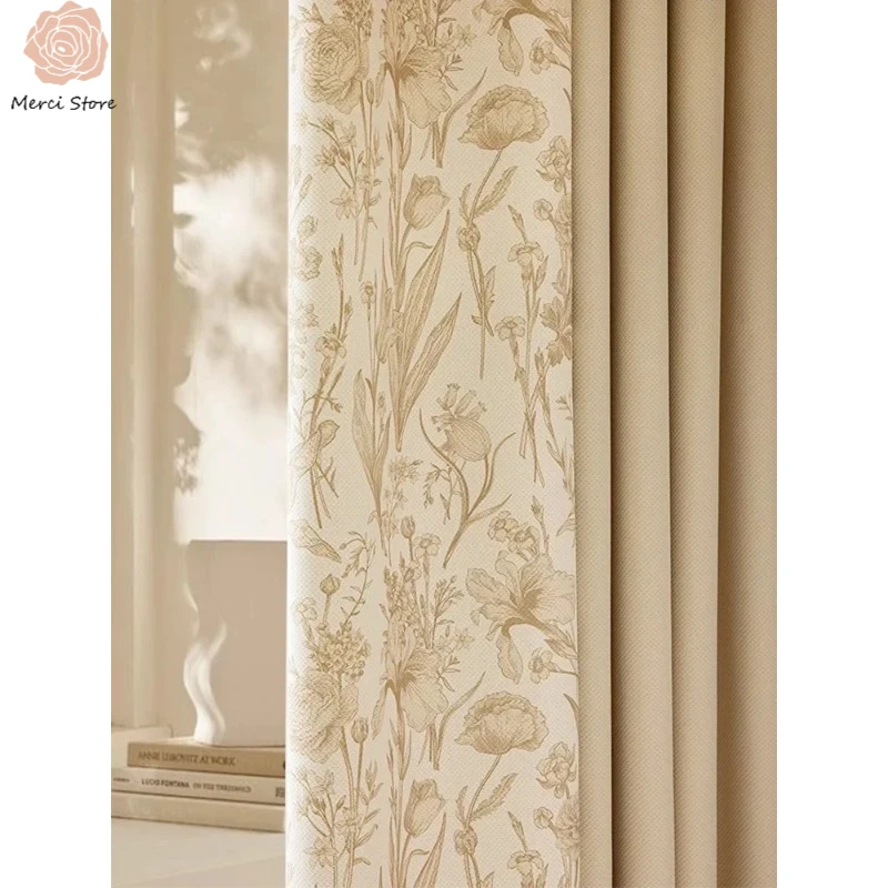 

French Beige Solid Color Floral Pattern Blackout Curtains for Living Room Bedroom Study Room Sunscreen Decorative Drapes Custom