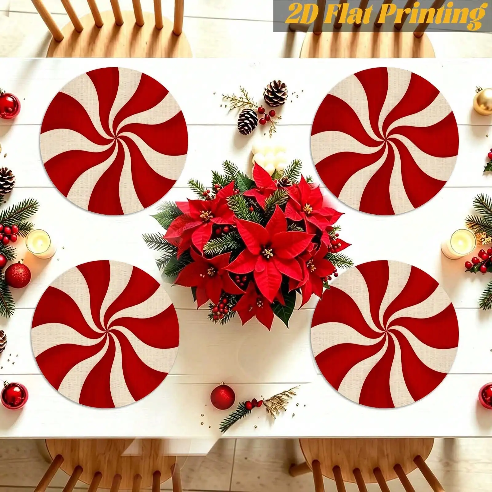 1/4/6PCS Christmas Candy Cane Swirl Round Placemat | Kitchen Island,Holiday Party Setting,Photo Shoot Prop,2D Flat Print | Thanksgiving & Christmas Gifts