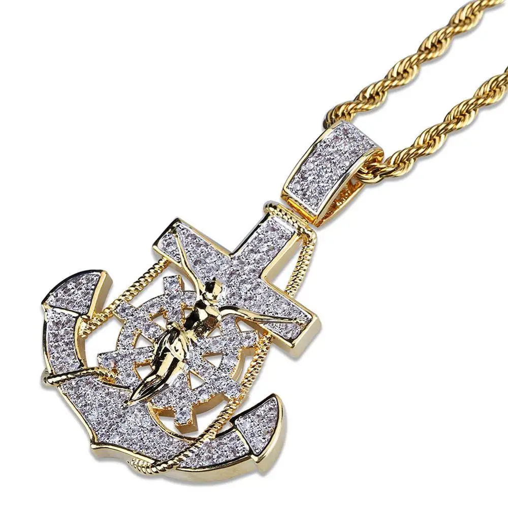 Hip Hop AAA Cubic Zirconia Paved Bling Ice Out INRI Crucifix Jesus Cross Anchor Rudder Pendants Necklaces for Men Rapper Jewelry