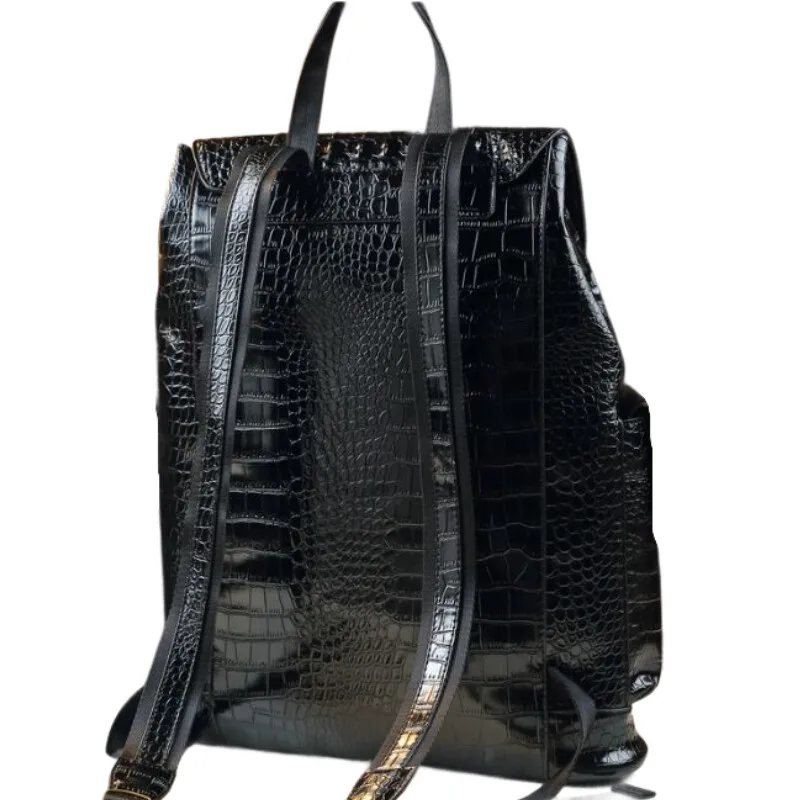 Genuine Cowhide Crocodile Pattern Travel Backpack - Unisex Large School Bag for Students & Office Workers with Anti-Theft Zipper