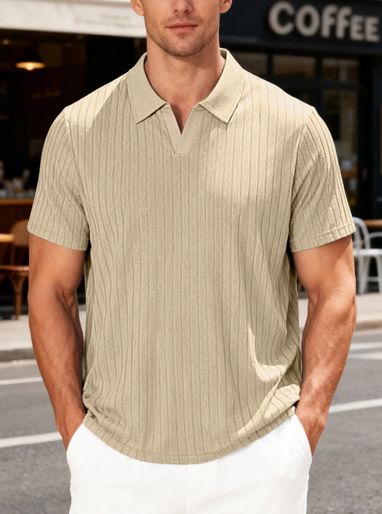 Men Vertical Ribbed Notch V Neck No Button Short Sleeve Polo Shirt Solid Textured Casual Golf Top Blouse Business Streetwear