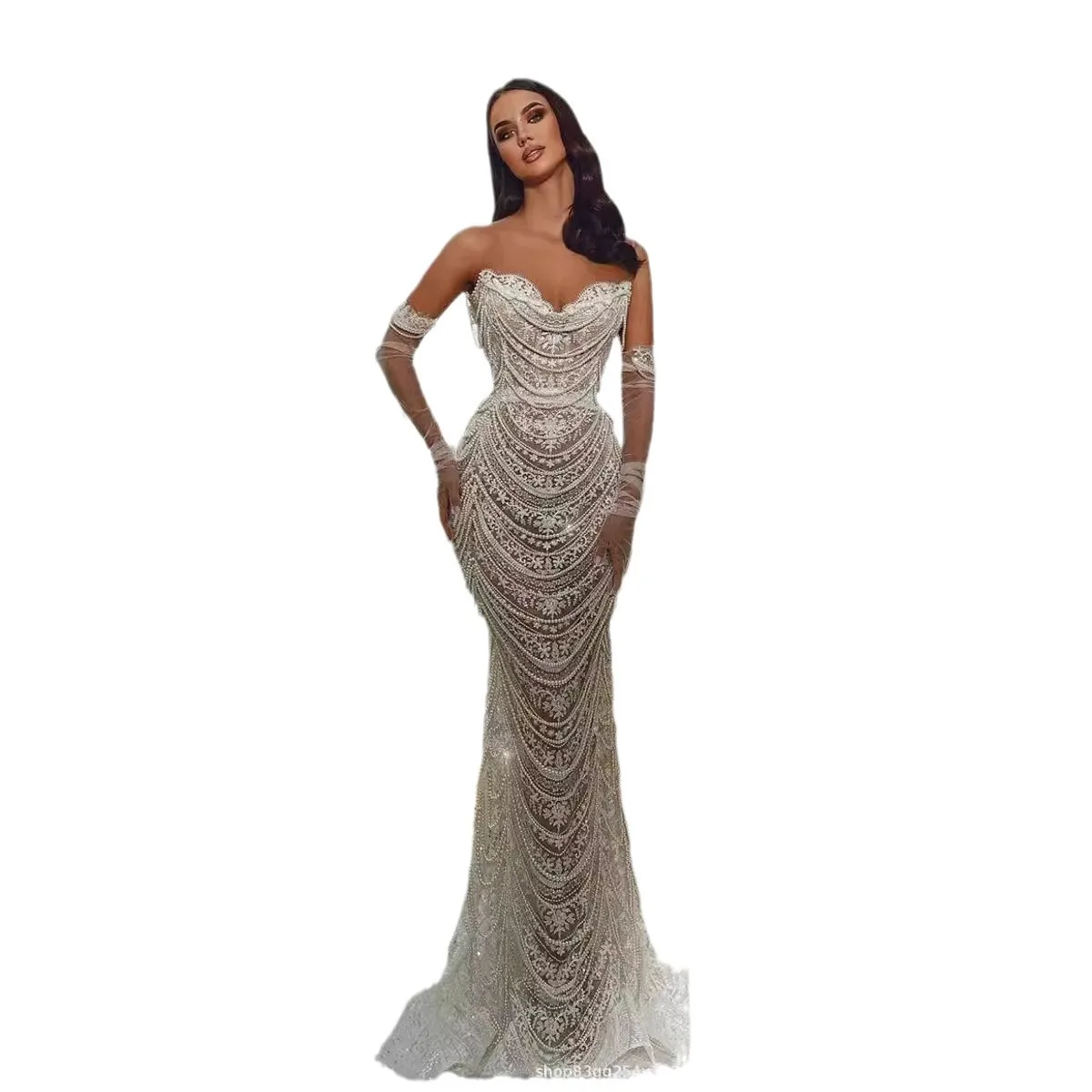 Fashionable new heavy industry strapless nail bead long fish tail falling to the ground sexy evening dress