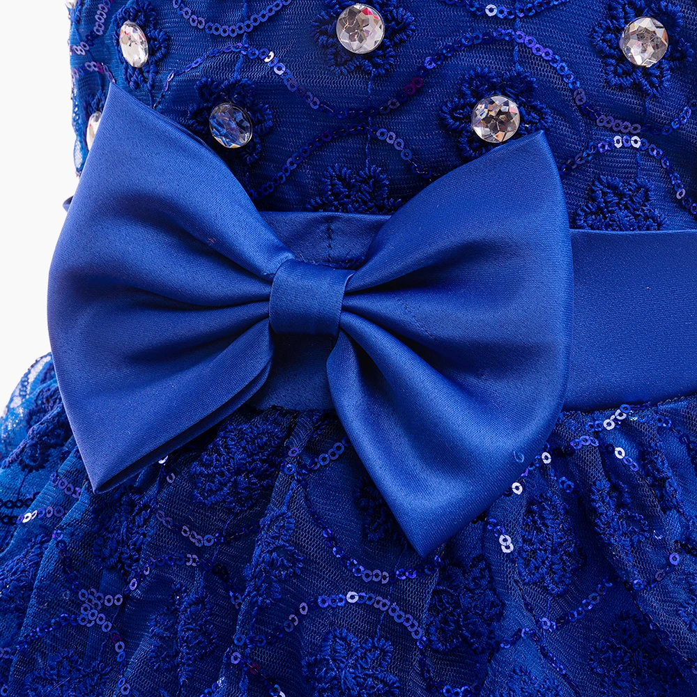 Girls Blue Beading Party Dress Girl Pleated Dresses Kids Formal Evening Tulle Clothes Bow Sleeveless Costumes Children Tutu Wear