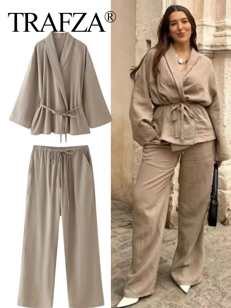 TRAFZA 2024 Women Pajama Style Shirts Pants Sets Fashion Lace Up Long Sleeve Shirts+Wide Leg Trouser Female 2-piece Pant Outfits