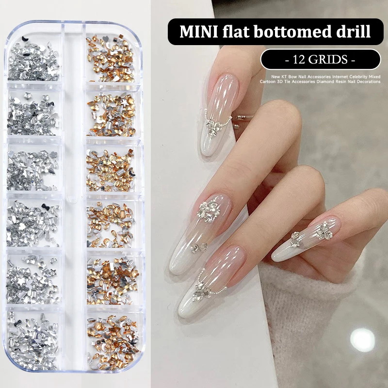 12 Grids/Box Nail Art Multi Shape Flat Back Crystal Rhinestone Dazzling Diamonds Strass Manicure Tip 3d Decoration