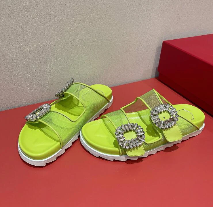 Diamond Square Buckle Slippers 2023 Summer Cool Outside Walking Shoes Leisure Green White Beautiful All Match Open Toe Shoes