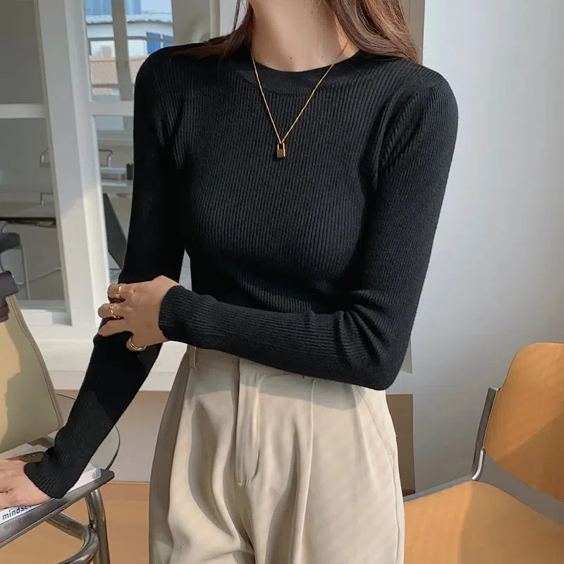 Knit Sweater Women  New Round Neck White Thin Bottoming Top Spring Autumn Winter Pullover Basic Inner Wear