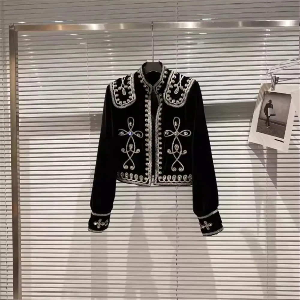 Autumn New Designer Black Private Label Lady's Court Crystal Button Embroidered Flower Velvet Jacket