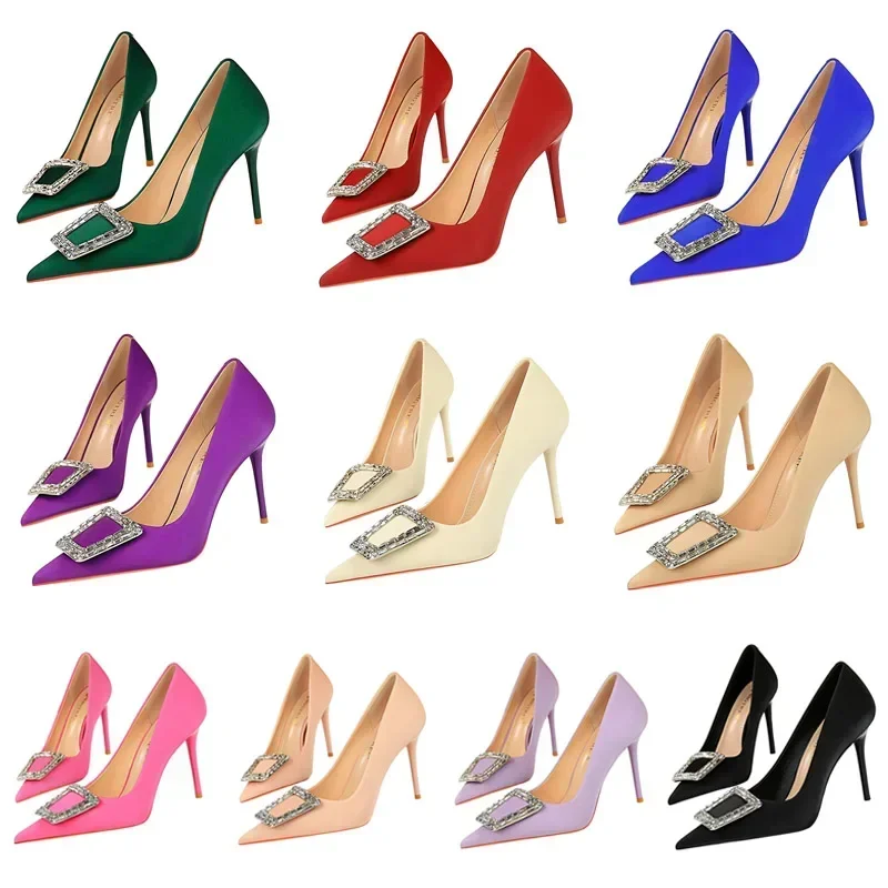 

New Women 10cm High Heels Fashion Temperament Office Slip on Shoes Lady Pointed Toe Metal Crystal Buckle Banquet Socialite Pumps