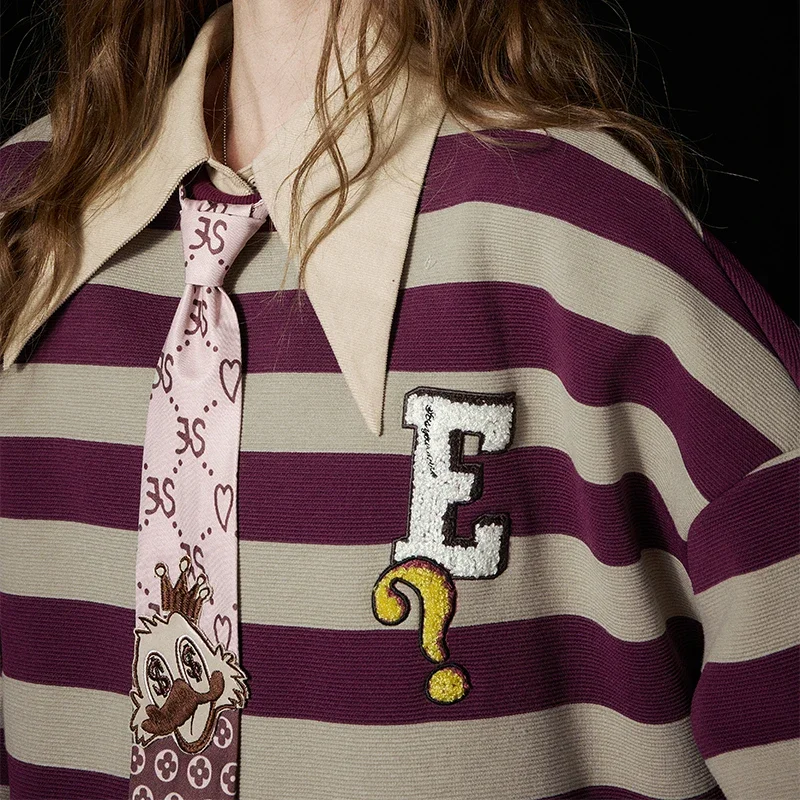 ELFSACK Casual Character Embroidered Stripe Sweatshirt For Woman