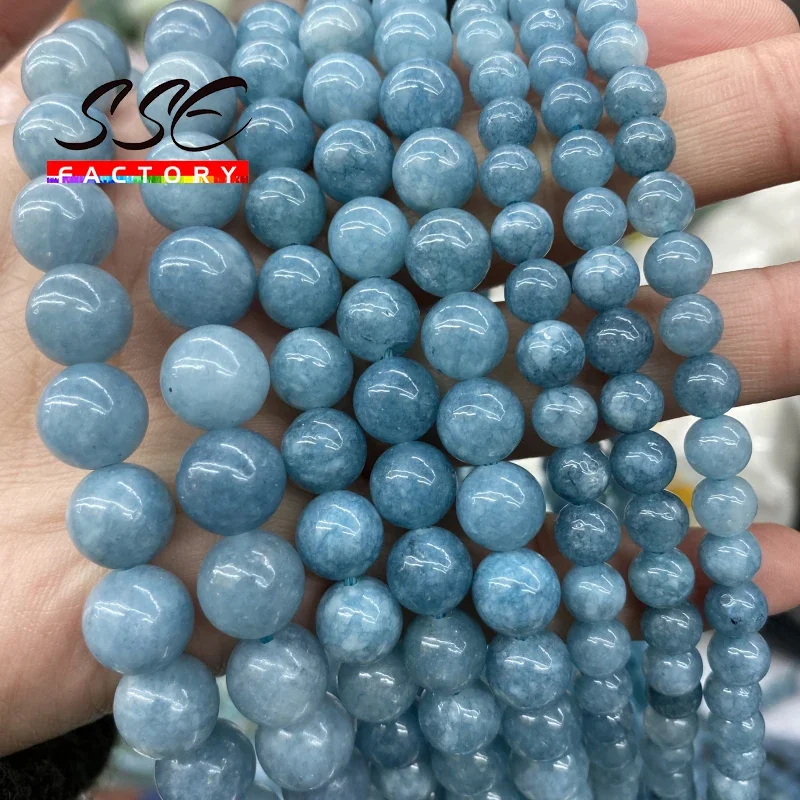 Naturalny klejnot Niebieski chalcedon Akwamaryny Angelite Koraliki Kamień Okrągłe Luźne Koraliki 4 6 8 10 12mm Do Tworzenia Biżuterii Bransoletki Diy15"
