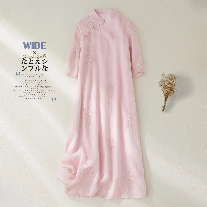 

Ele Ретро Хлопково-льняной Dr Женский весенне-летний новый Sle Художественный темперамент Улучшенный розовый Dr средней длины