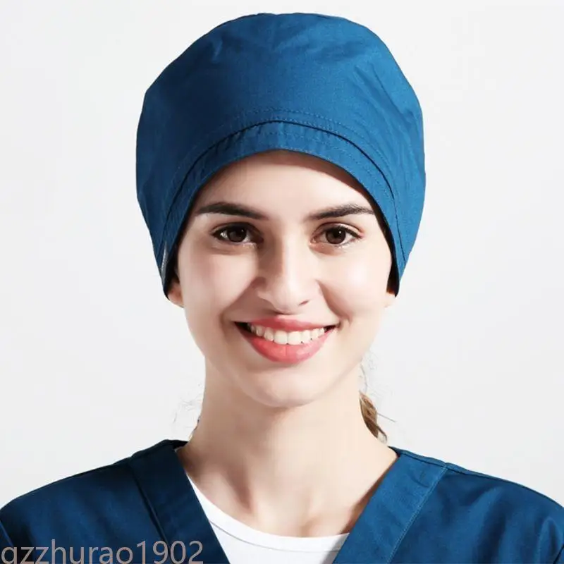 

97QB Unisex Solid Color Scrub Hat Adjustable Tie Back Dentist Beauty Nurse Working Bouffant with Sweatband