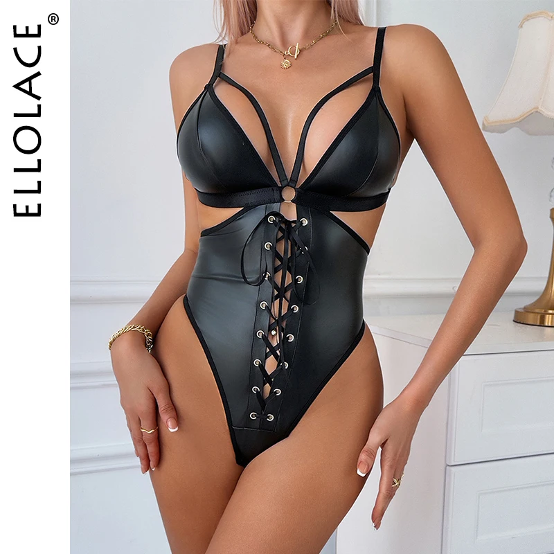 

Ellolace Willowy Woman Clothing Open Crotch Fetish Leather Bodysuit Porno Sexy Lingerie Hollow Metal Corns Tie Up Front Clubwear