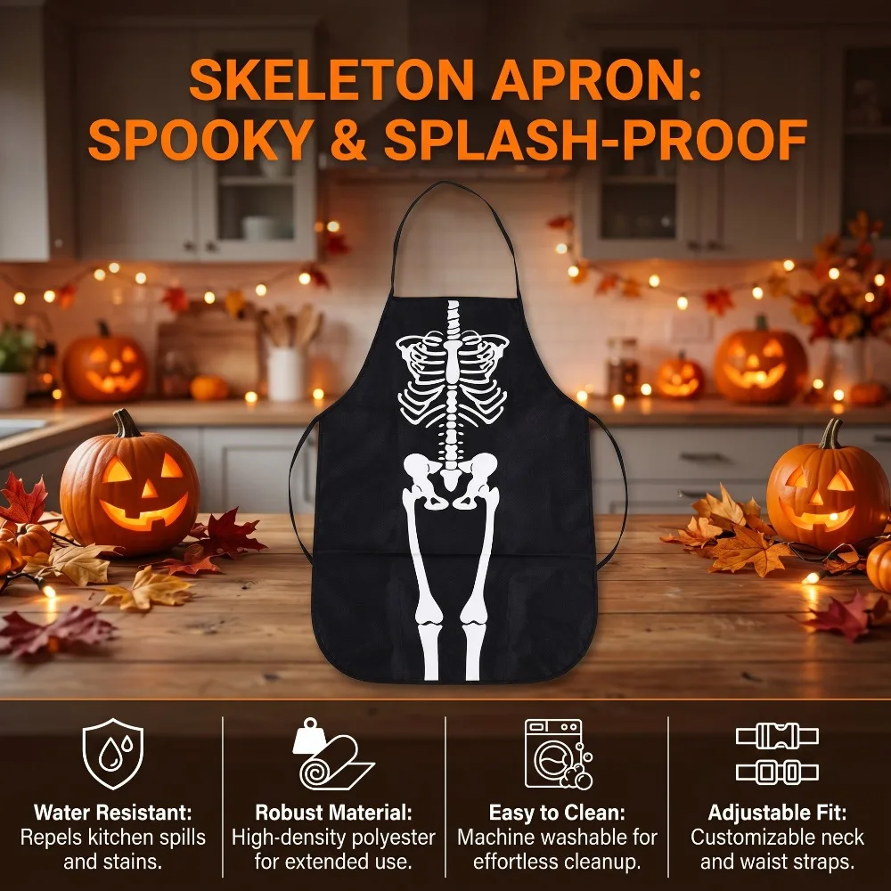Halloween Black Skeleton Pattern Apron, Halloween Prank Prop, High Quality and Easy-to-Clean Chef Apron, Party Decoration
