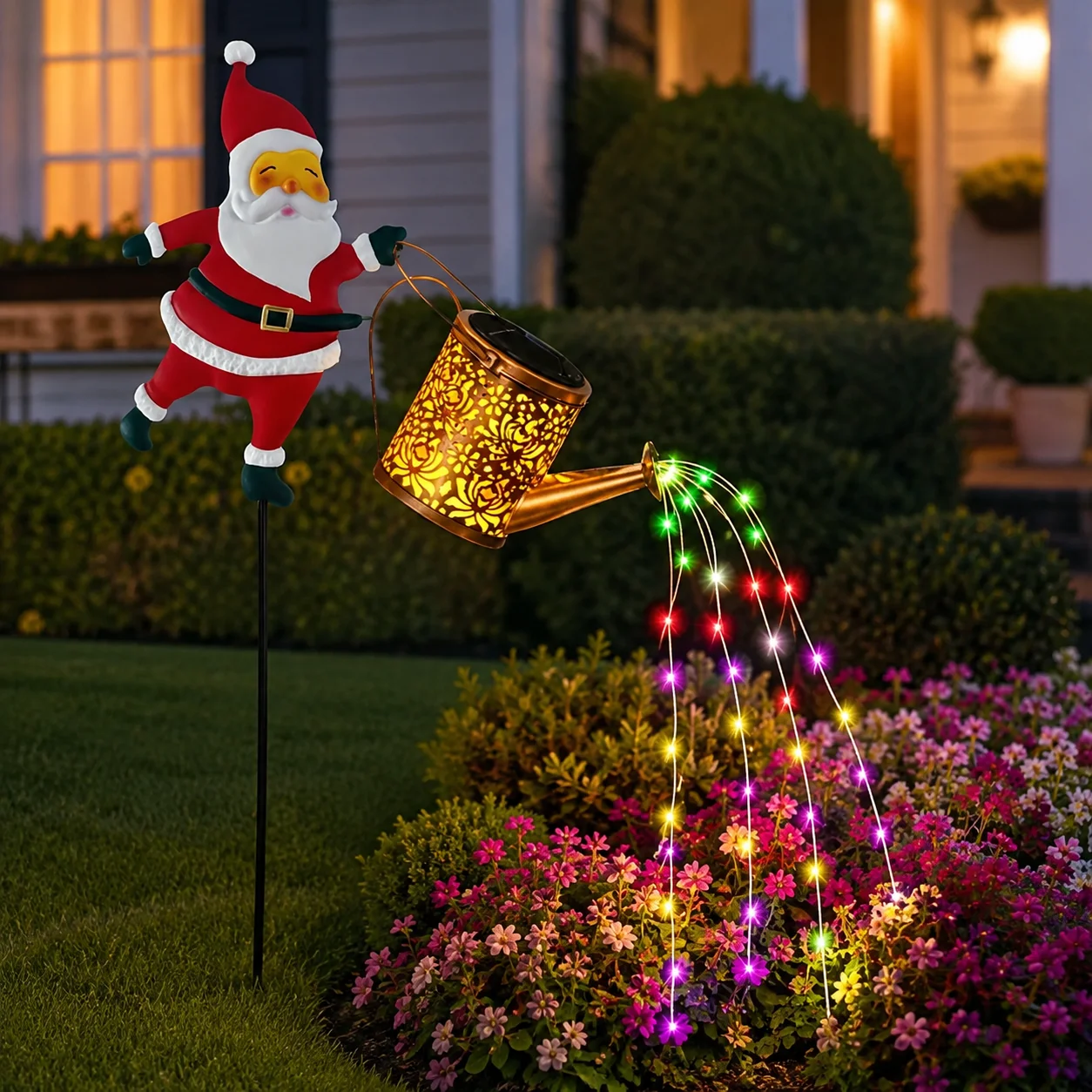 Solar Powered Santa Watering Can Fairy Lights Colorful LED Christmas Garden Ground Stake Lamp for Lawn Patio Holiday Decoration