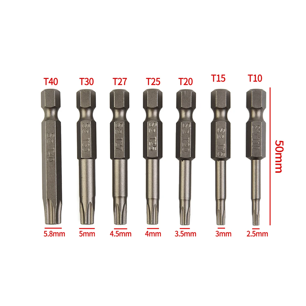 중공 비트 스크루드라이버 비트 합금강 세트, 5 성급 육각 헤드 키트, 50mm 길이, T10, T15, T20, T25, T27, T30, T40