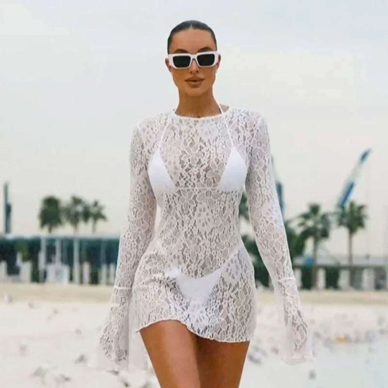 

Two Piece Set Beach Style New Lace Hollow Out Bikini Bodycon Dress For Seaside Vacation Resort Wear