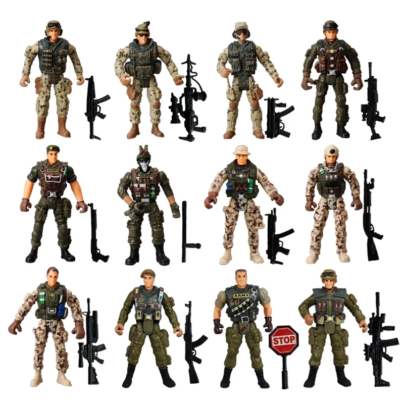 12Pcs Army Men and SWAT Team Special Forces Soldiers WWII War Game Action Figures Playset Military Weapon Modle For Kid Boy Gift