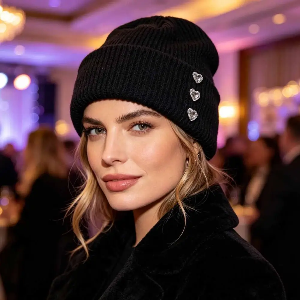 Warm Thickened Hat for Autumn Winter Heart Rhinestone Knitted Hat Women Glitter Winter Warm Stretchy Knit Cap for Wear for Girls