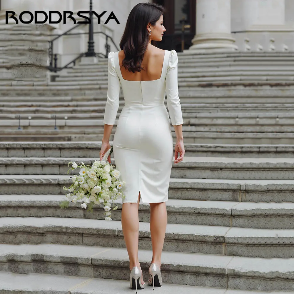 RODDRSYA Long Sleeves Bodycon Wedding Dress Square Neck Knee-length Bridal Party Gowns Simple Satin vestidos de novia Customized