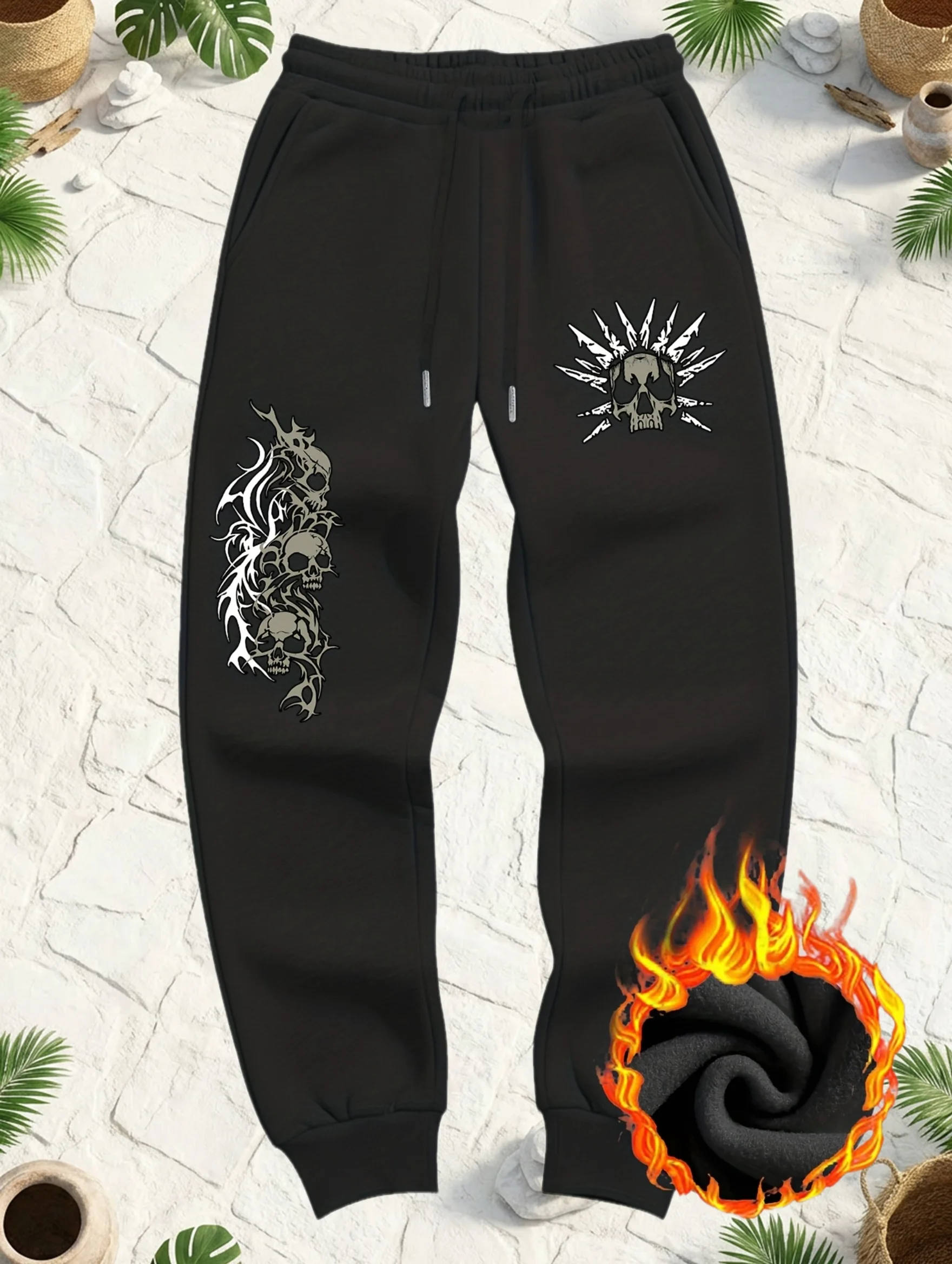Rock‑trend tribal‑thorn skull‑totem print trendy street‑style dual‑side print sweatpants men hip hop sports jogger trousers