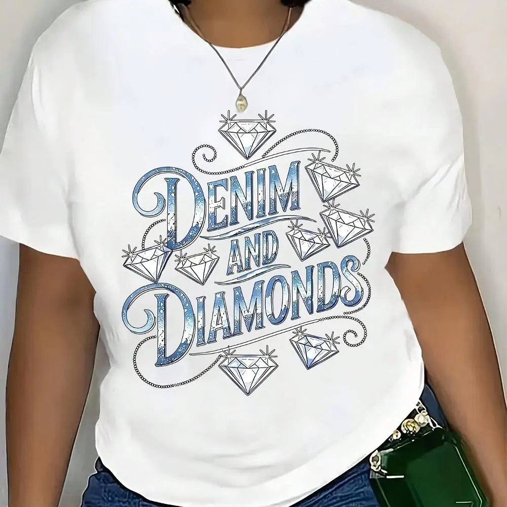 Denim And Diamonds Graphic T-Shirt Women Fashion Statement Shirt Casual Wear Top Summer Outfit Choice, It Is A Perfect Gift To Give To Friends An