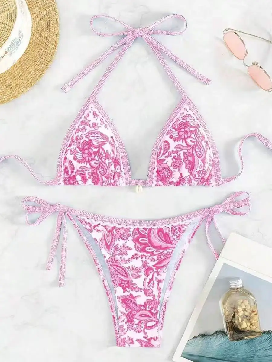 

Sexy Low Rise Bikini Floral Printed Tie Side Bikini Strappy Athletic Two Piece Bikini Fashion Beach For Women Swimwear