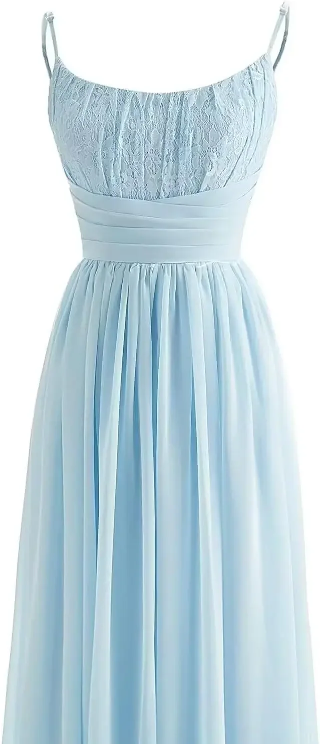 Spaghetti Strap Chiffon Bridesmaid Dresses for Women Long Lace Ruched Aline Scoop Neck Prom Formal Evening Gowns Party Dresses