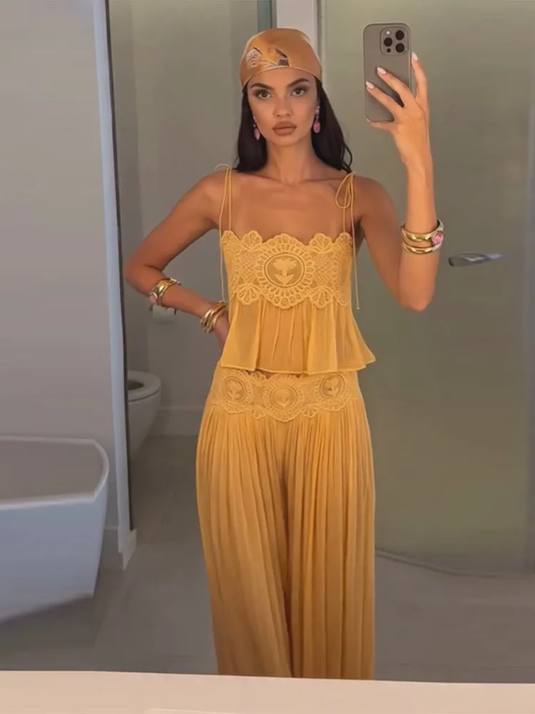 2026 Summer Fashion Square Neck Ruffled Crop Top & Long Pants 2-Piece Set Elegant Boho Resort Vacation Casual 2 Pcs Beach Outfit view 3
