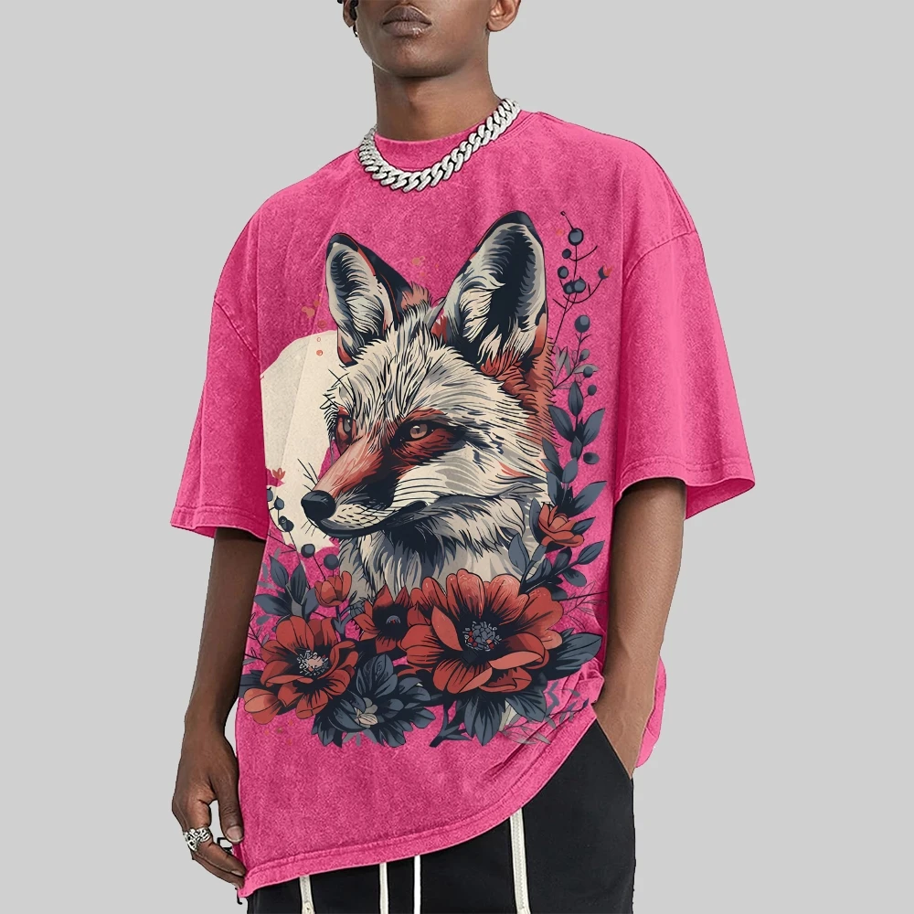 

Graphic Tees Men Women Washed Clothing Cartoon Fox Print T Shirt Round Neck Short Sleeve Hip Hop