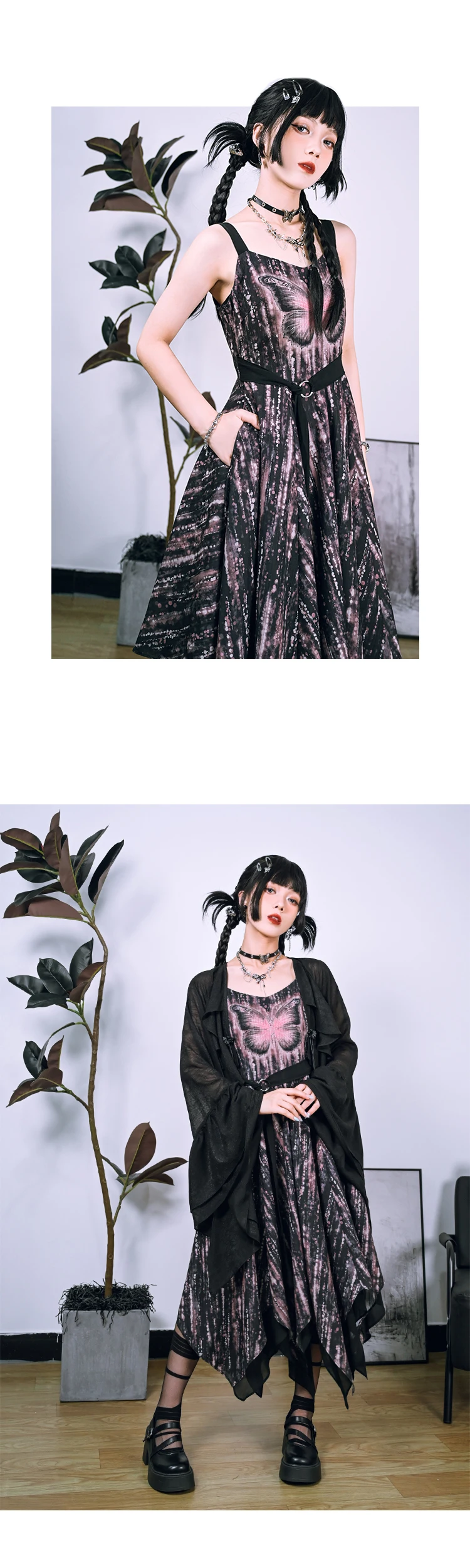 Doce legal dupla camada chiffon borboleta impressão irregular longo suspender vestido menina verão nova cintura alta a linha vestidos de lazer