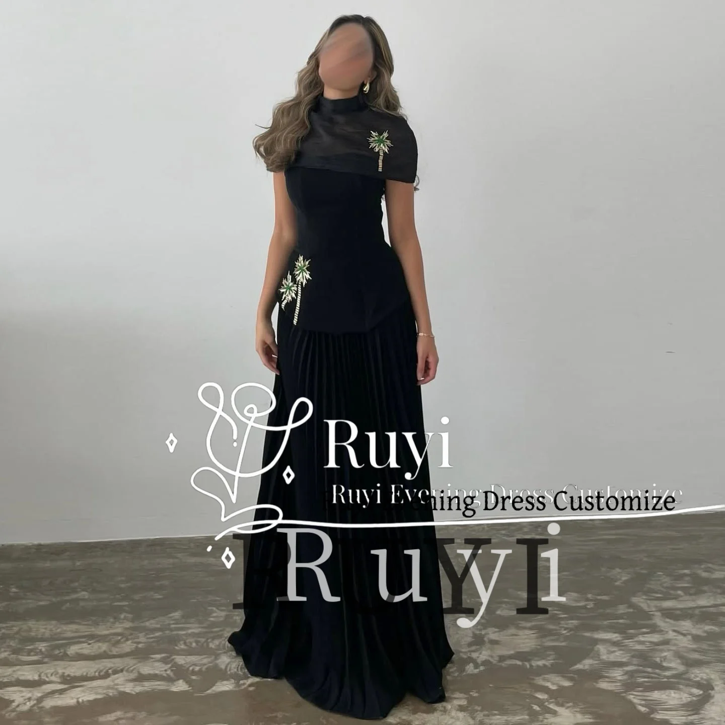 

Customized Black Shawl Vintage Beaded Pleats Evening Dresses for Wedding Guest Formal Party Gown Prom Dress