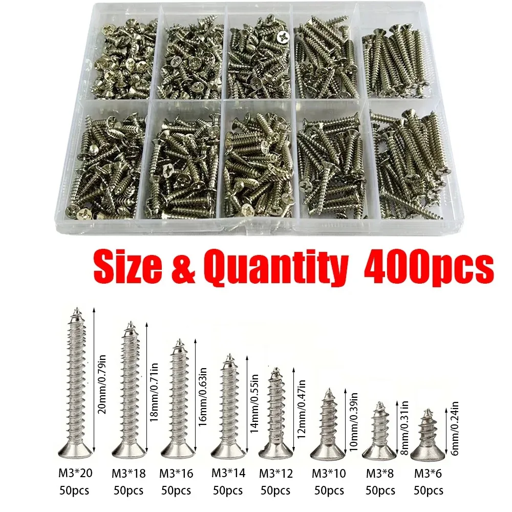 400-piece M3 stainless steel self-tapping screw set, wood locking screws, home maintenance installation, locking wood and metal.