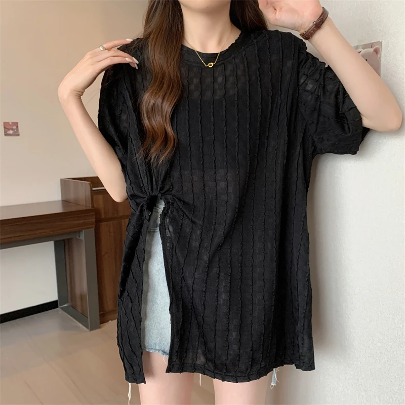 Side-slit Women T-shirts Solid Short Sleeve See Through Designer Asymmetric Loose Shopper Leisure New Soft All-match Chill Tees