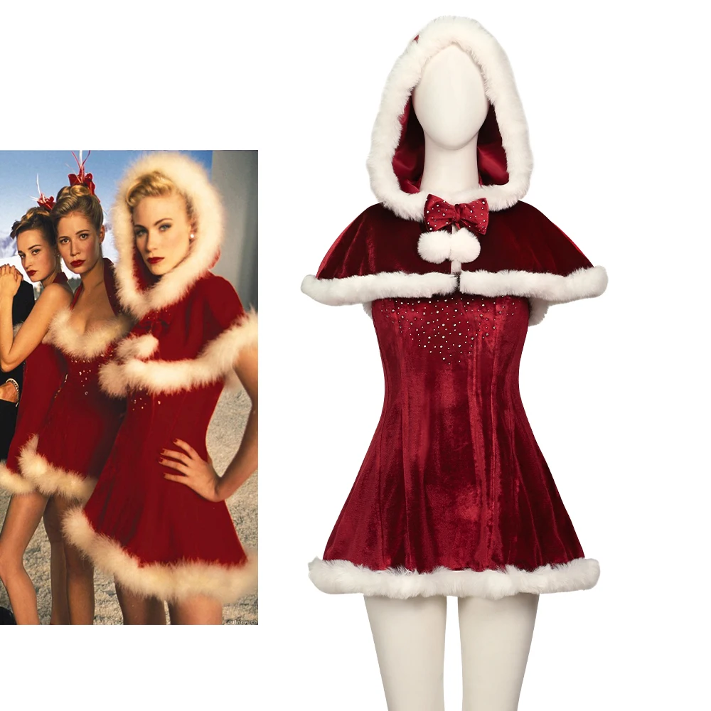 

Retro Christmas Dress Cosplay Movie Love Costume Sexy Women Red Velvet Mini Dress with Hooded Cape Xmas Carnival Party Ball Gown