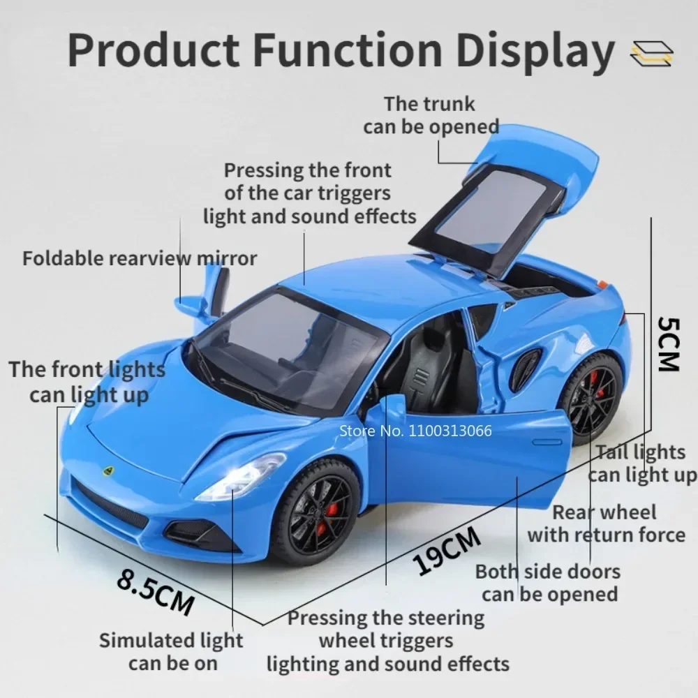 1:24 Lotus Emira Sports Car Model Toys Alloy Diecast Vehicles Doors Opened Sound Light Pull Back Supercar Christmas Gifts Kids