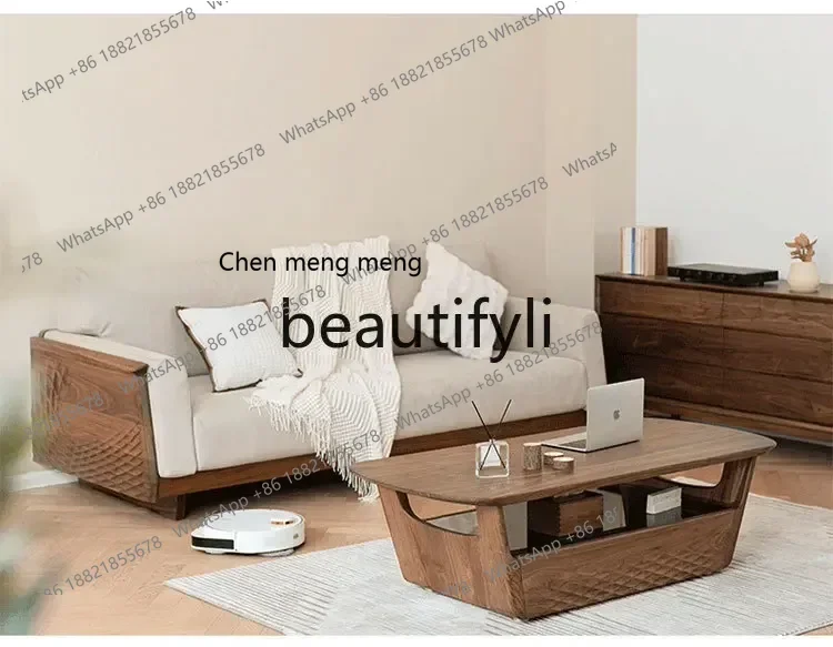 

SS ss7486 North American black walnut sofa all solid wood Nordic small apartment aesthetic fabric leather three or four people