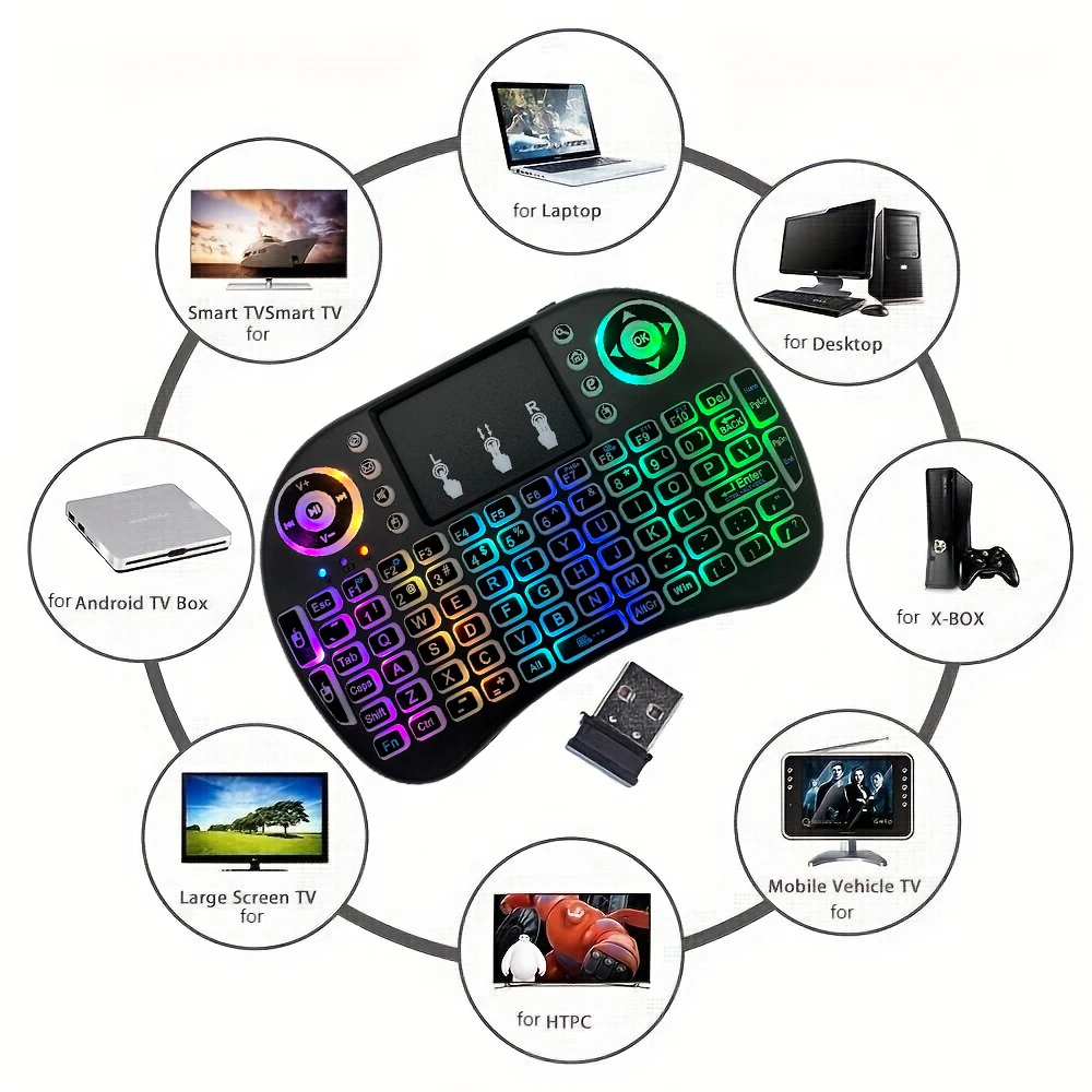 I8 Mini Wireless Keyboard 2.4G English Lithium RGB Colorful Backlit Air Mouse with Touchpad for Android TV Box PC