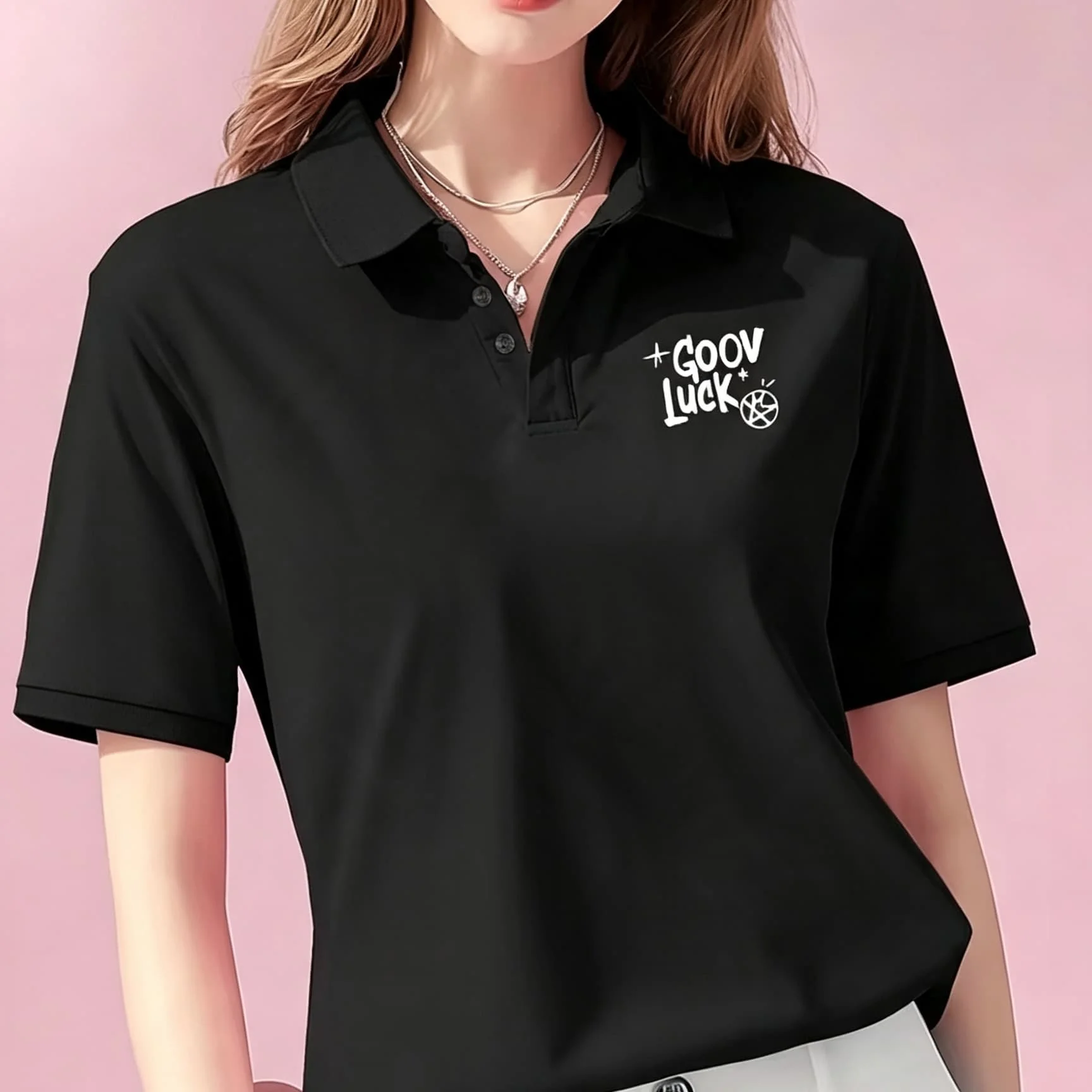 1. Unisex White Lapel Collar Polo Shirt Hip‑Hop Style Graffiti Bear Good Luck Slogan Back Print Short Sleeve Soft Breathable Streetwear Top for Men and Women